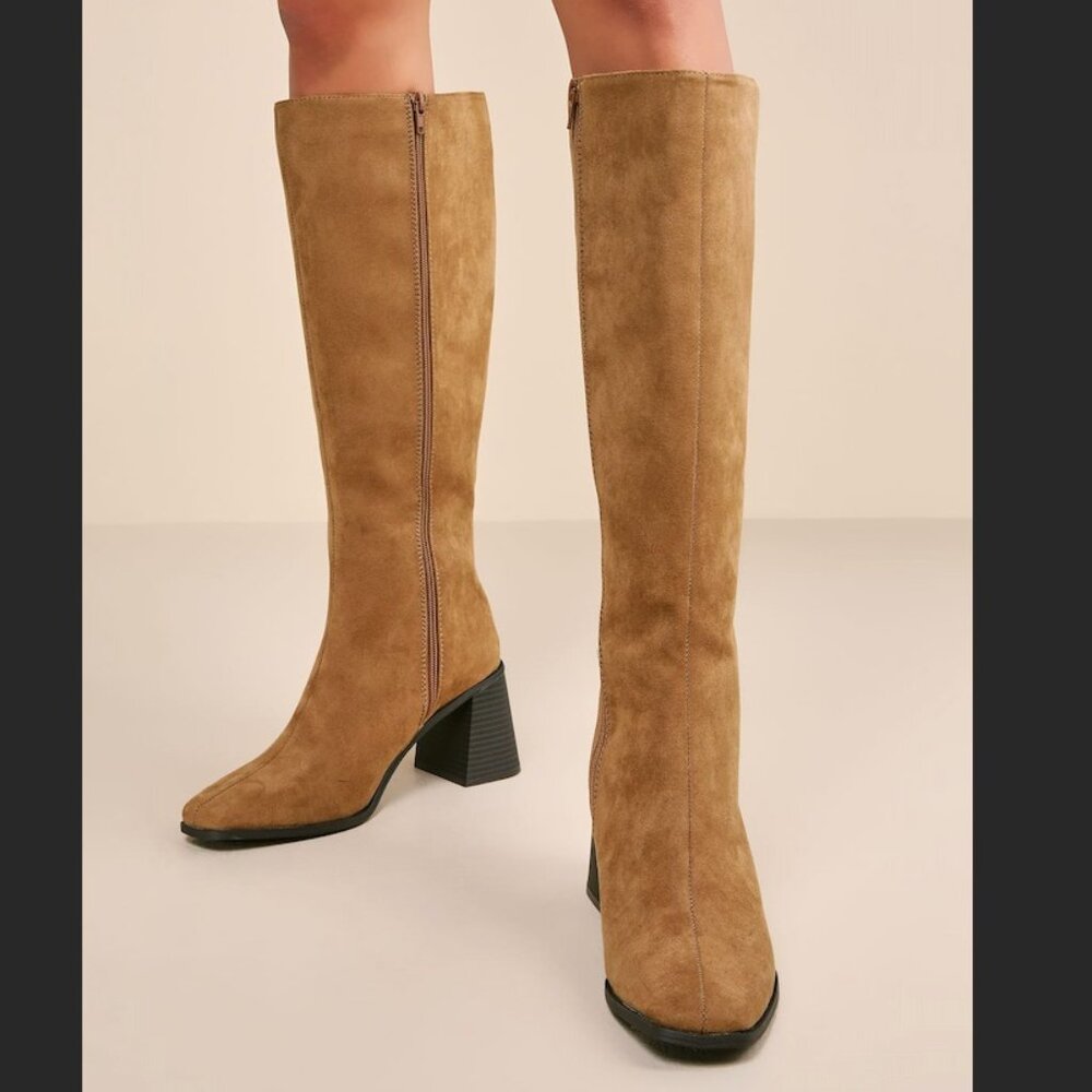 Lulu's Marvari Taupe Suede Square-Toe Knee-High Boots